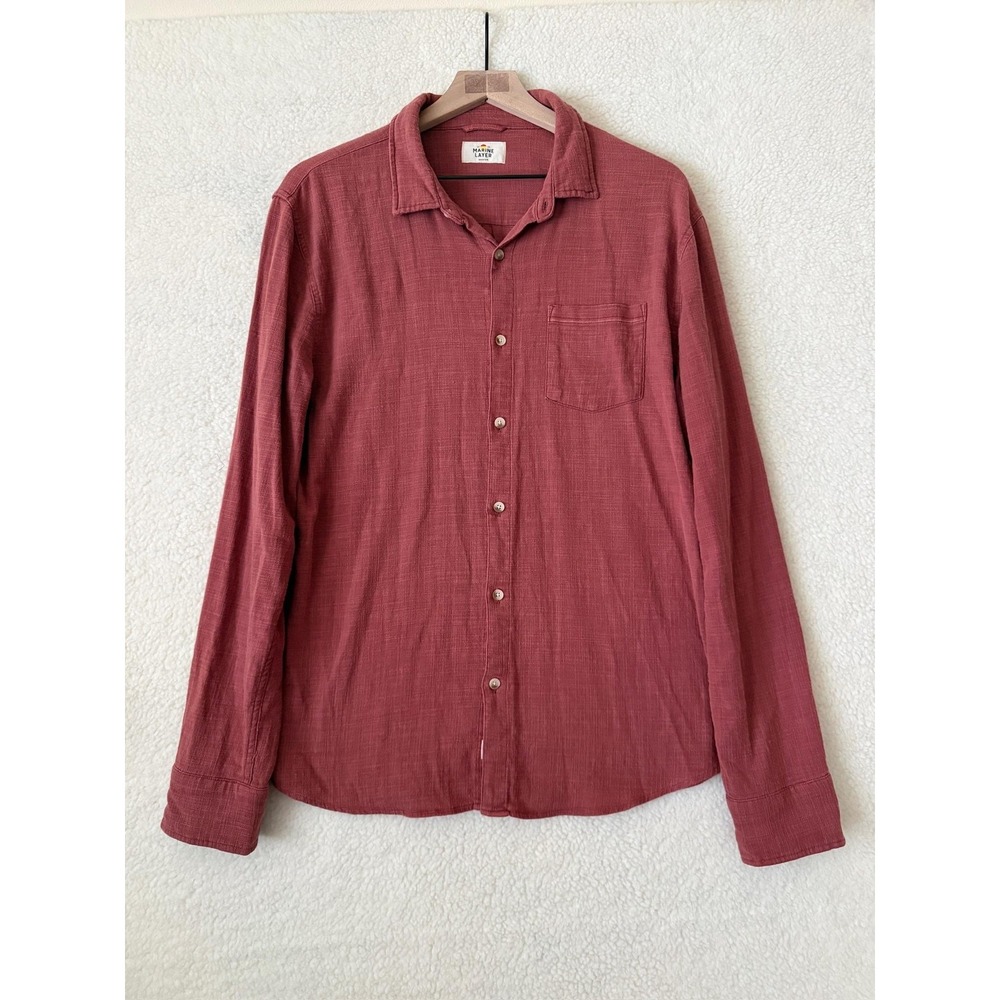 Marine Layer Shirt Mens Medium Red Stretch Selvage Woven Long Sleeve Button Up